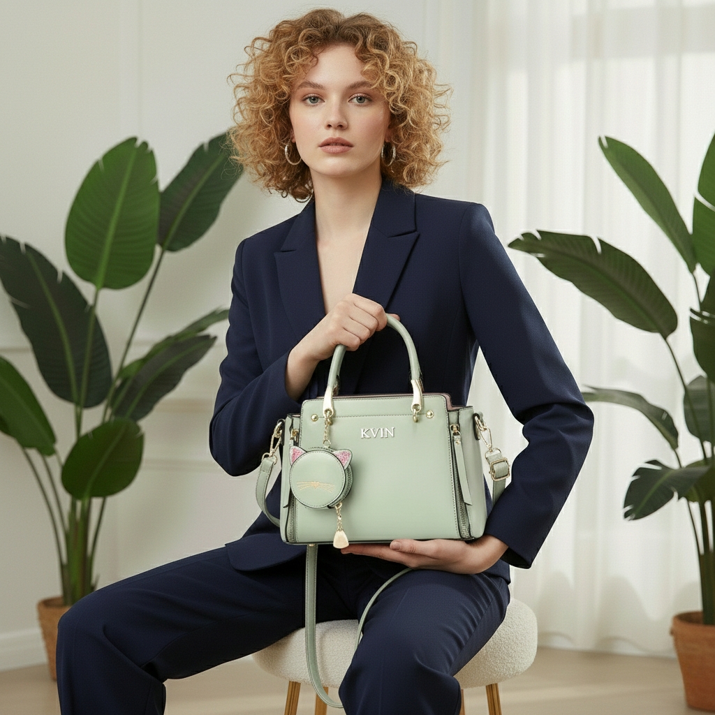 KVIN RHEA: Sage Green Fashion Tote with Cat Charm - Image 2