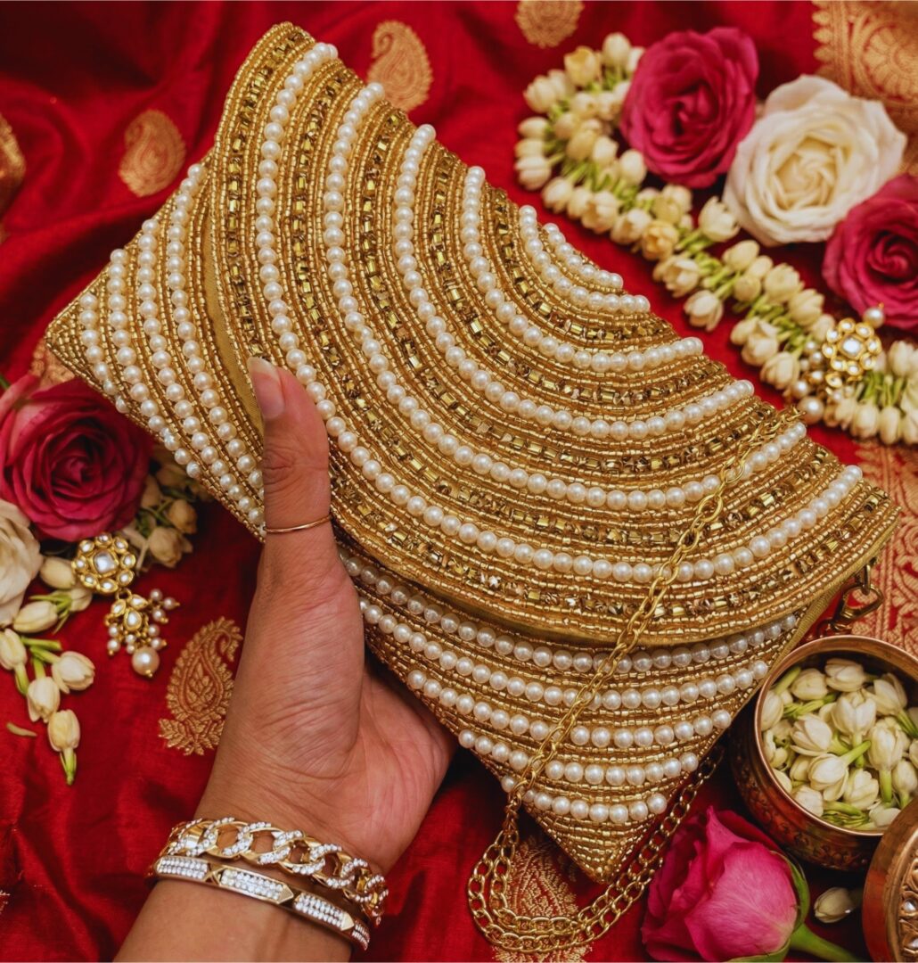 KVIN IXIA : Gold Hand-Embroidered Bridal Pearl Clutch - Image 2