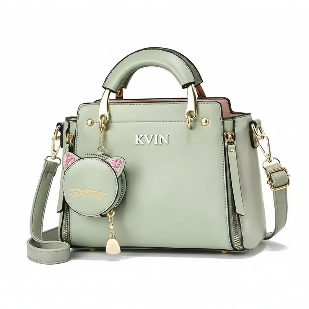 KVIN RHEA: Sage Green Fashion Tote with Cat Charm
