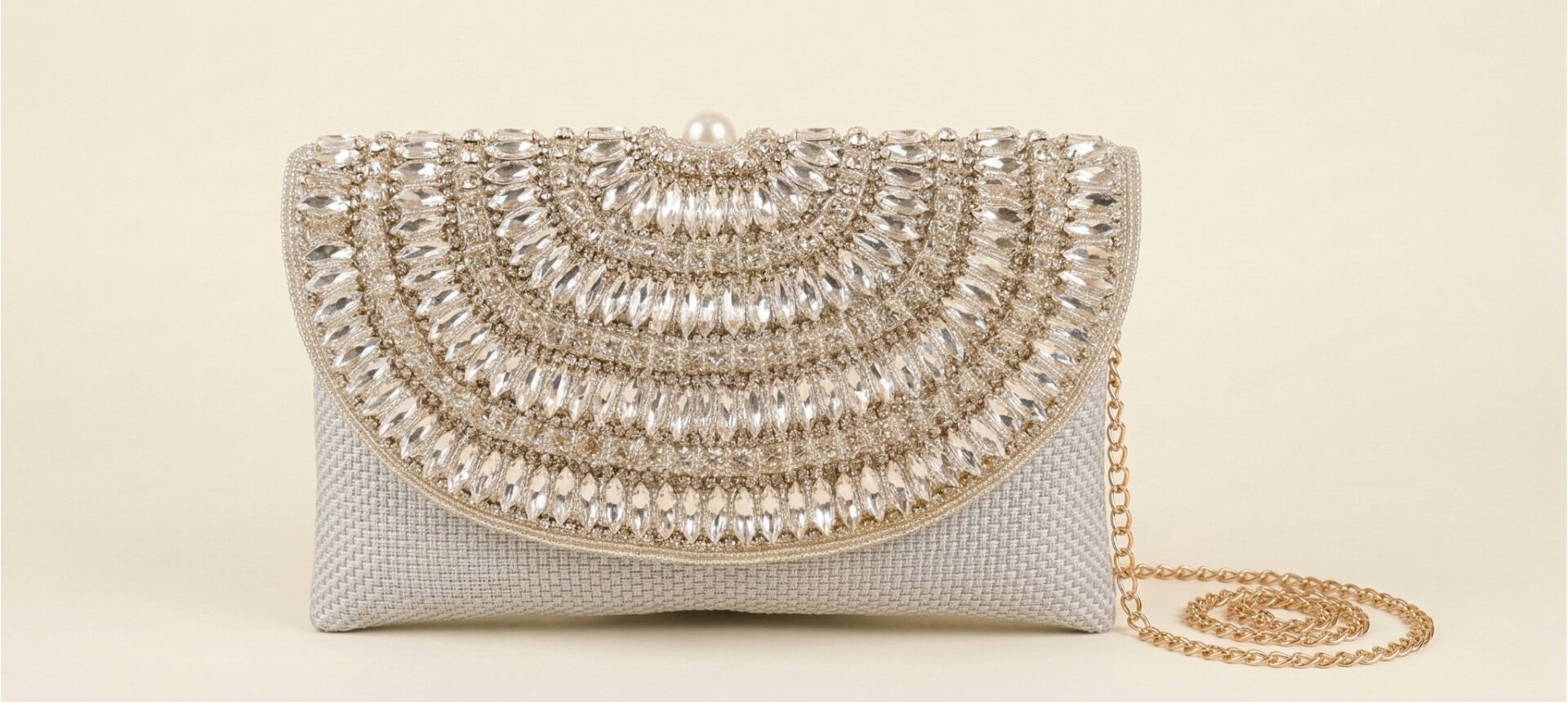 KVIN KYRA : Silver Crystal Evening Clutch – Diamond-Cut Stone Studded Party Handbag