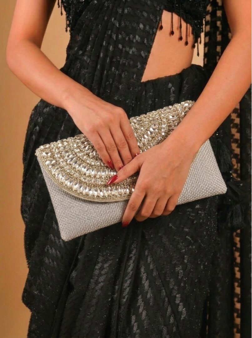 KVIN KYRA : Silver Crystal Evening Clutch – Diamond-Cut Stone Studded Party Handbag - Image 2