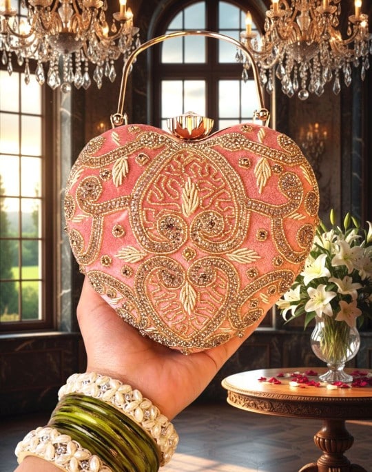 KVIN RYA Gold & White Floral Premium Heart-Shaped Embroidered Evening Clutch
