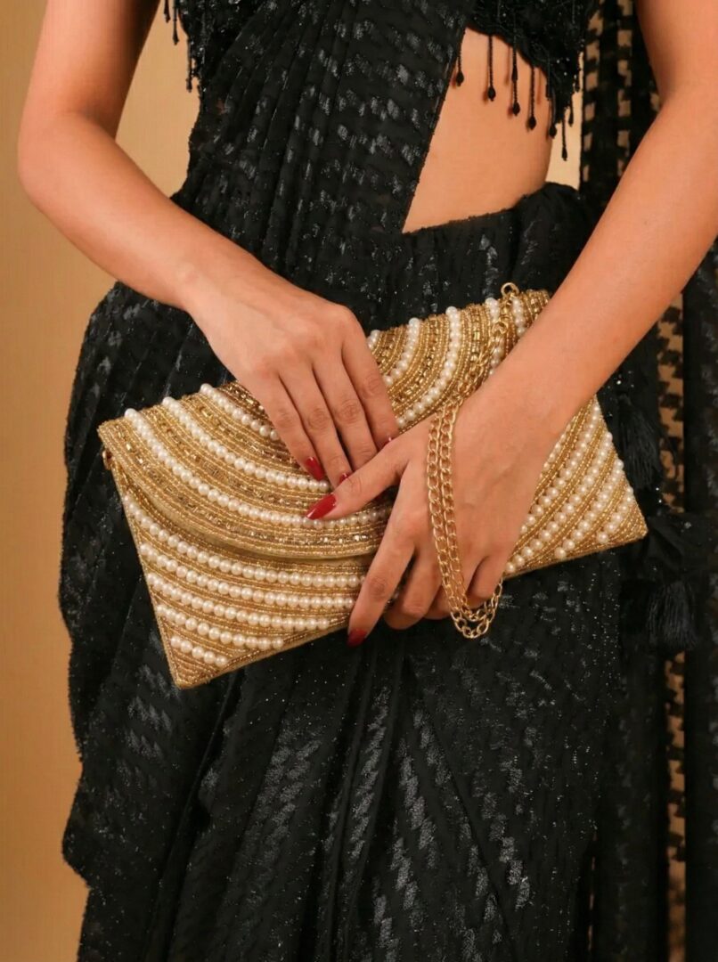 KVIN IXIA : Gold Hand-Embroidered Bridal Pearl Clutch - Image 4