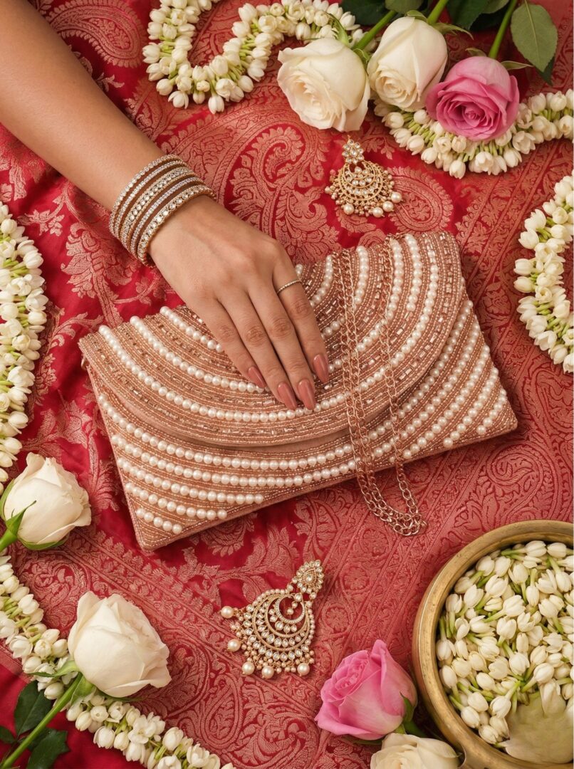 KVIN IXIA: Rose Gold Hand-Beaded Pearl Envelope Clutch with Detachable Chain - Image 4