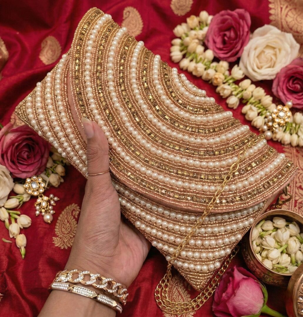 KVIN IXIA: Rose Gold Hand-Beaded Pearl Envelope Clutch with Detachable Chain - Image 2