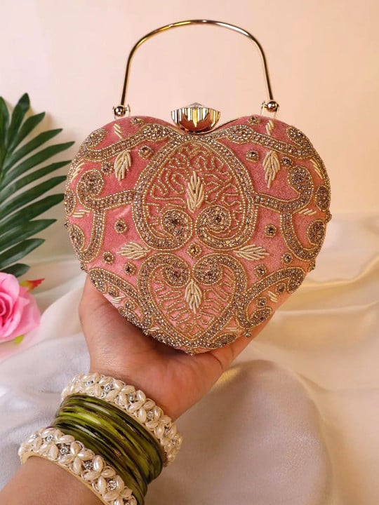 KVIN RYA Gold & White Floral Premium Heart-Shaped Embroidered Evening Clutch - Image 2