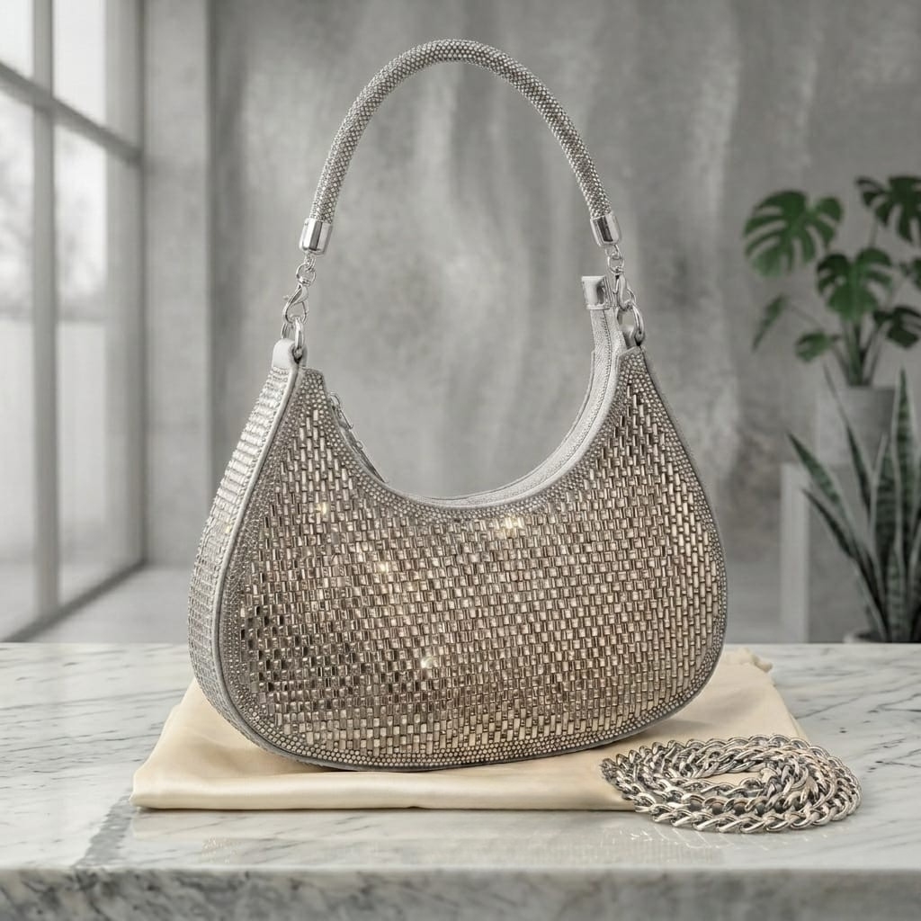 Kvin ELIX Silver-Studded Shimmering Crystal Crescent Handbag