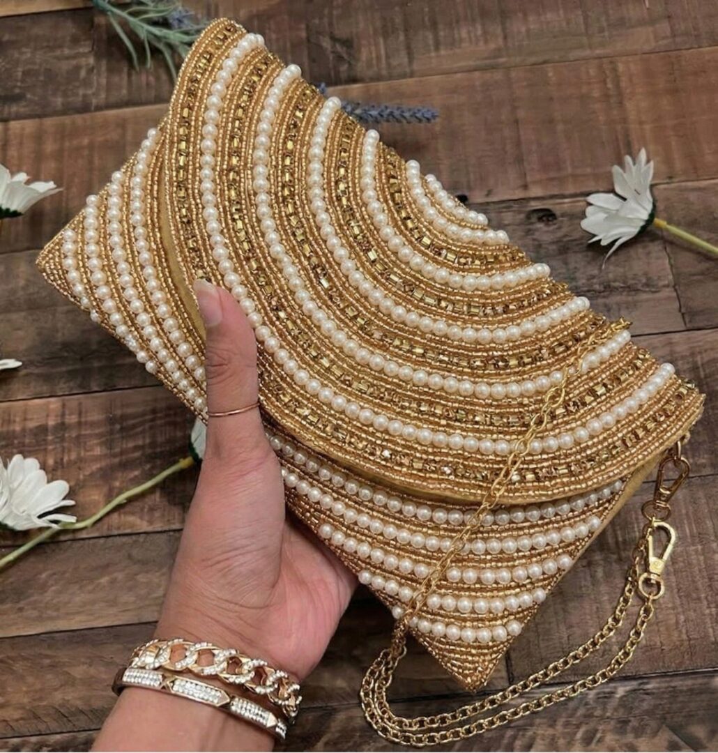 KVIN IXIA : Gold Hand-Embroidered Bridal Pearl Clutch - Image 3