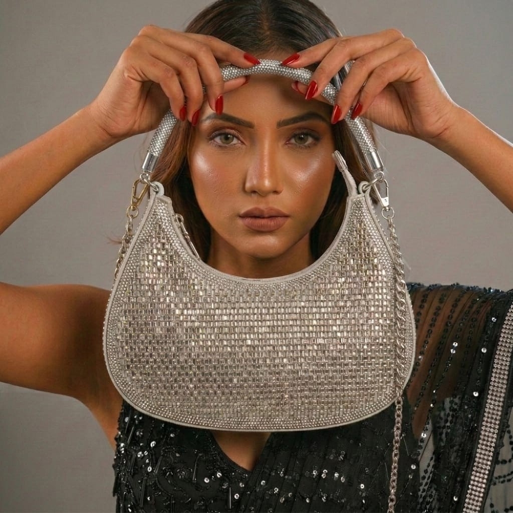 Kvin ELIX Silver-Studded Shimmering Crystal Crescent Handbag - Image 2